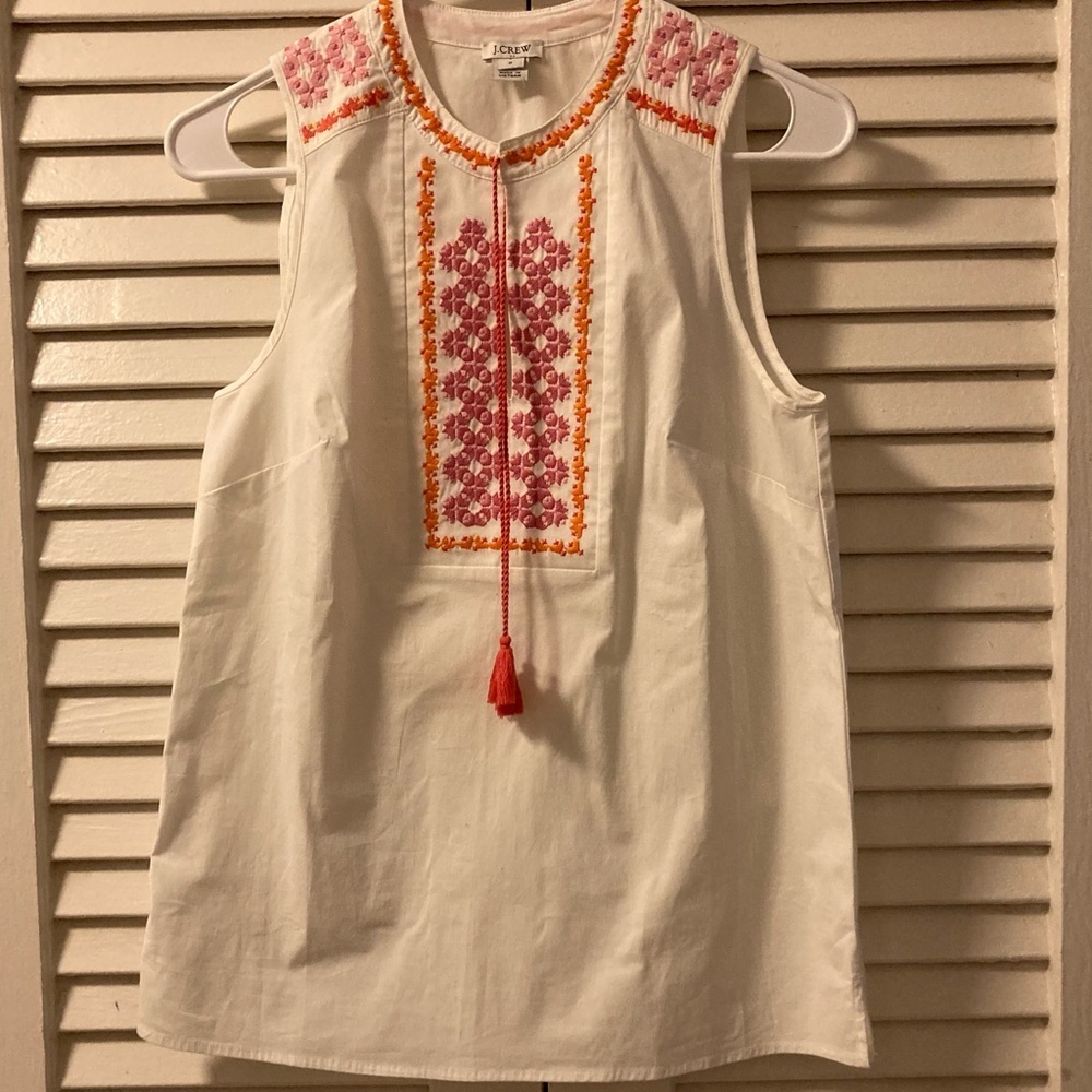 J. Crew sleeveless tank with embroidered neck line and tassels